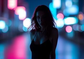 夜景の中でポーズを取る女性