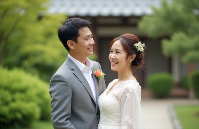 京都で微笑む新郎新婦