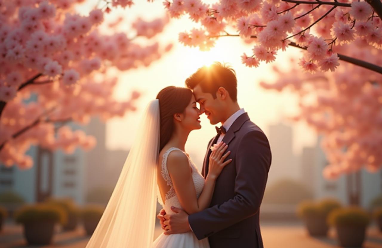 A newlywed couple embracing under sakura blossoms in Tokyo