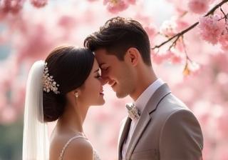 新郎新婦が桜の下で見つめ合う写真